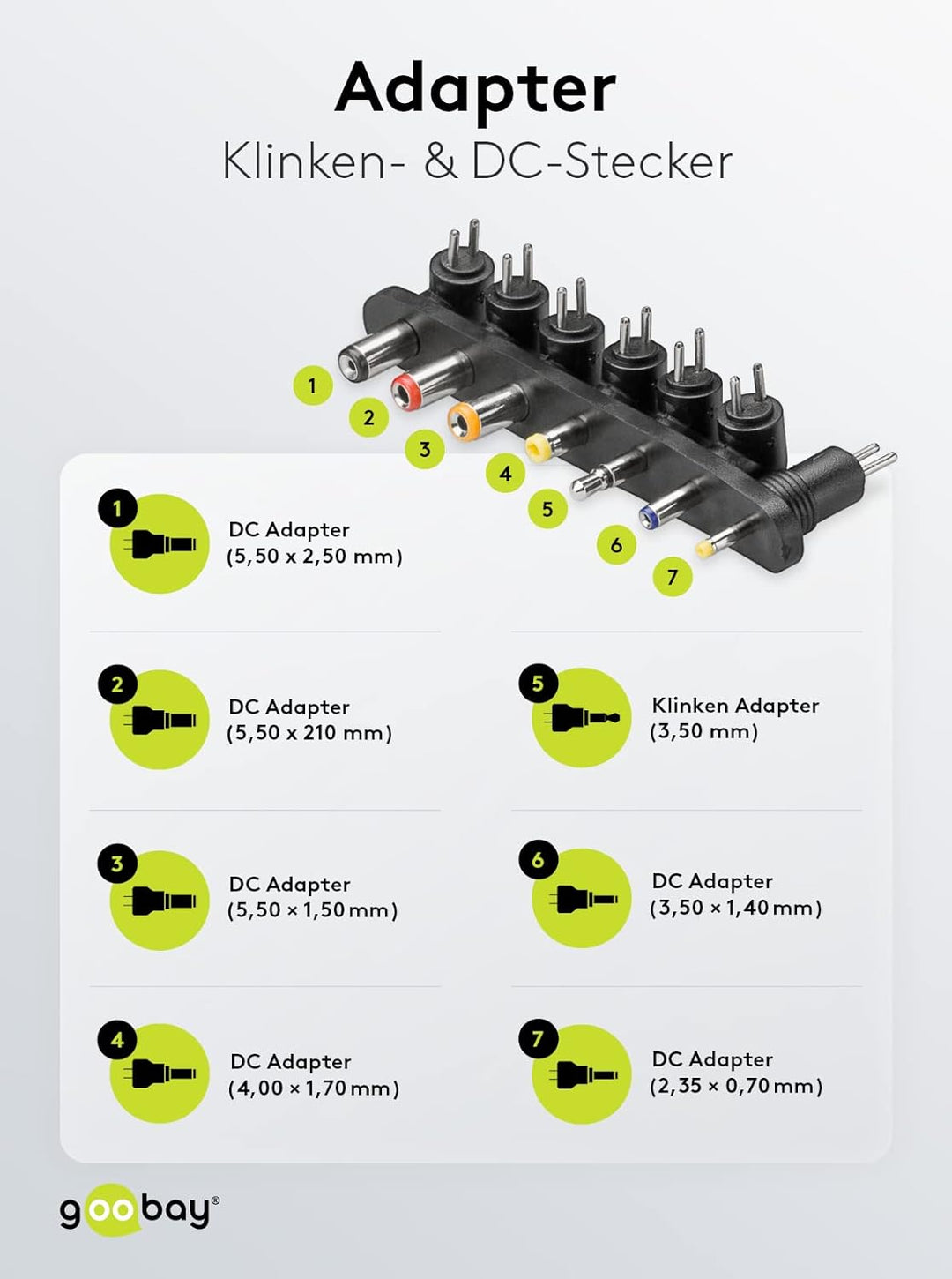 Goobay 54799 Universal Netzteil 9V - 24V max 24 W Netzgerät mit Adapter 1x Klinkenstecker & 6x DC-St