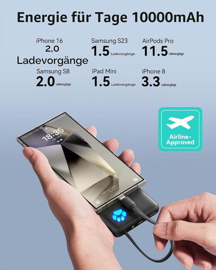 INIU Power Bank, Minigrösse 20W 10000mAh PowerBank mit Integriertem USB-C Kabel, PD3.0 QC4.0 USB C I