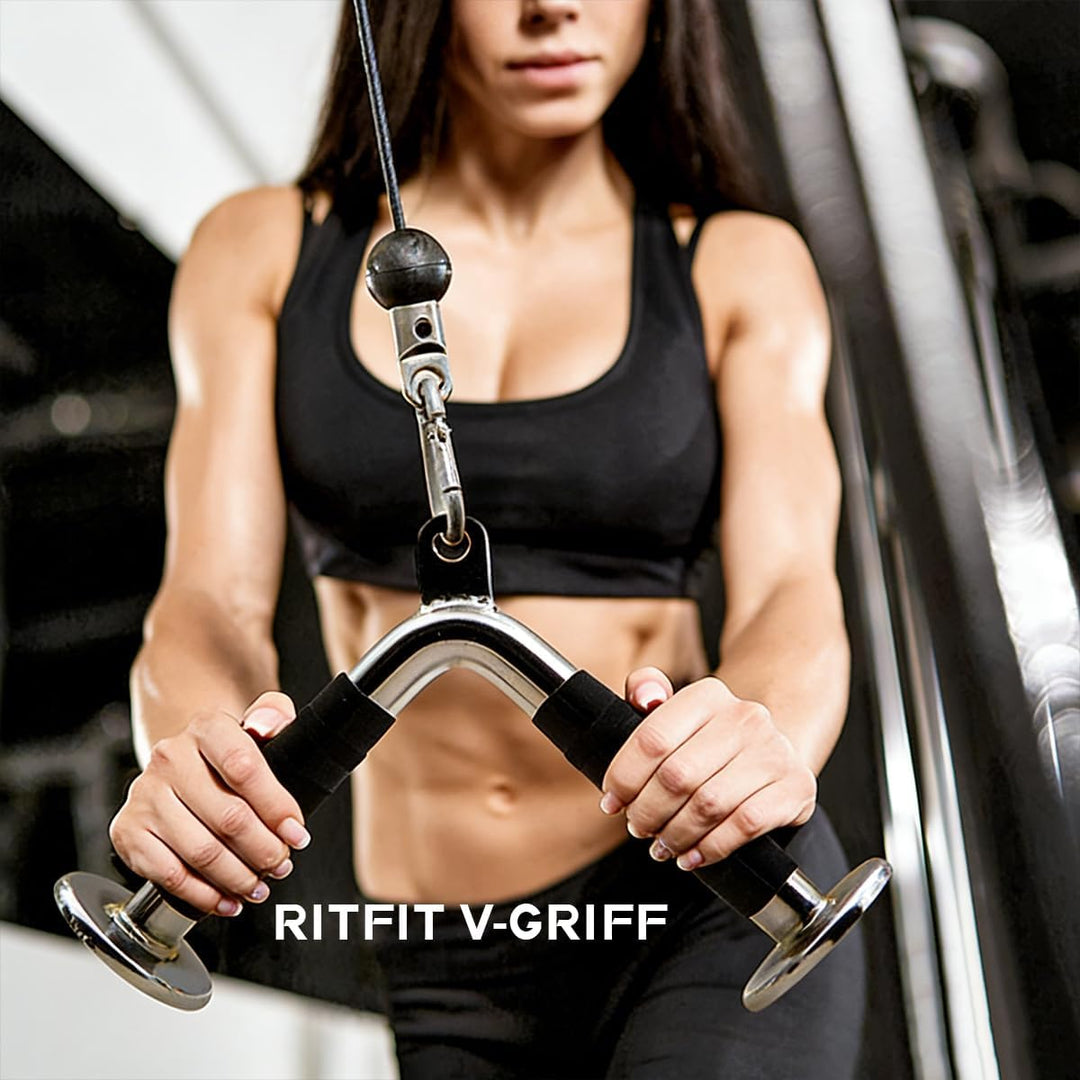 RitFit 4 TLG. Kabelmaschinen-Zubehör Set, LAT Pulldown Zubehör | inkl. V-Bar, Trizepsseil, Doppel-D-