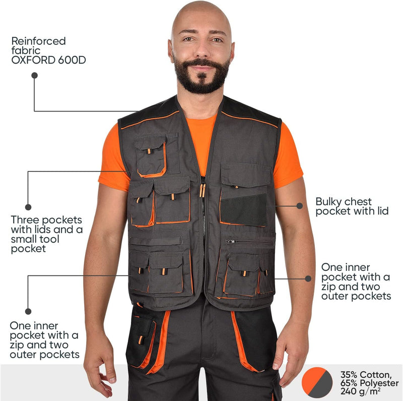 BWOLF Atlas Multifunktionale Arbeitsweste Herren Arbeitsweste Classic Grau/Orange, S