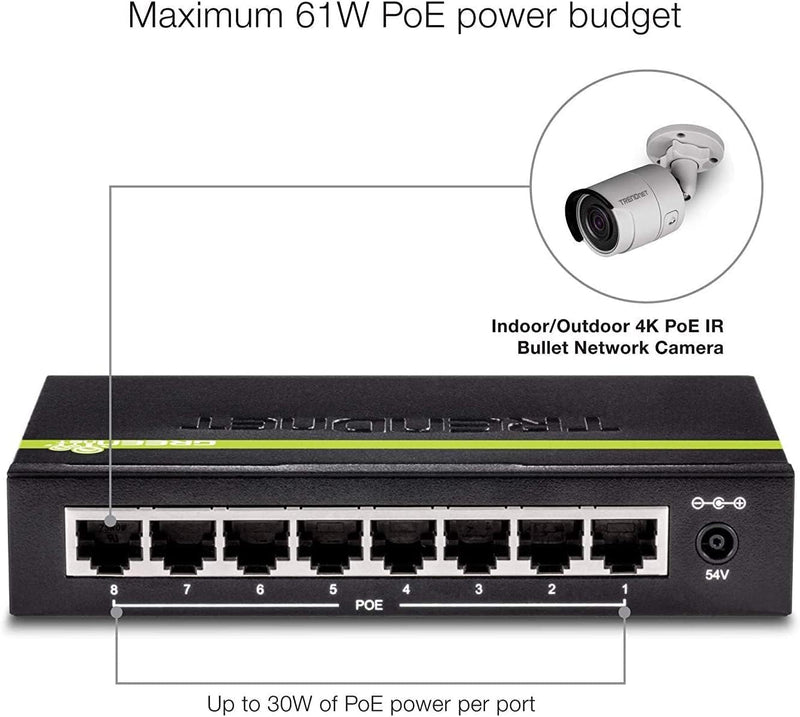 TRENDnet TPE-TG82G 8-Port GREENnet Gigabit PoE+ Switch, 61W PoE Leistung, 16 Gbit/s Schaltkapazität,