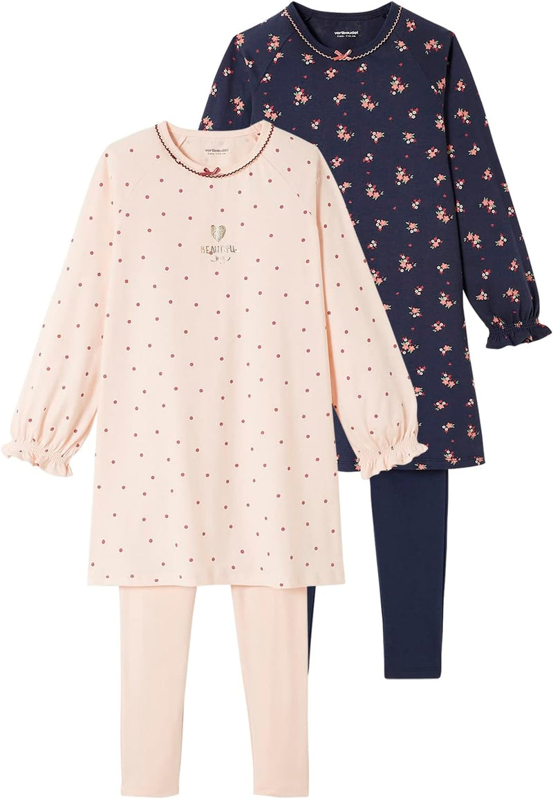 Vertbaudet VERTBAUDET2er-Pack Mädchen Nachthemden mit Leggings, Blumen Pack Rosa/Blau 2 Jahre, Pack