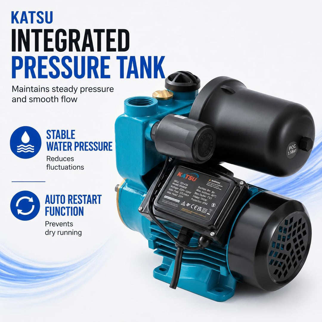 KATSU Wasserpumpe Hauswasserwerk Gartenpumpe 150W, Abschaltautomat mit einstellbarer Druckregelung,