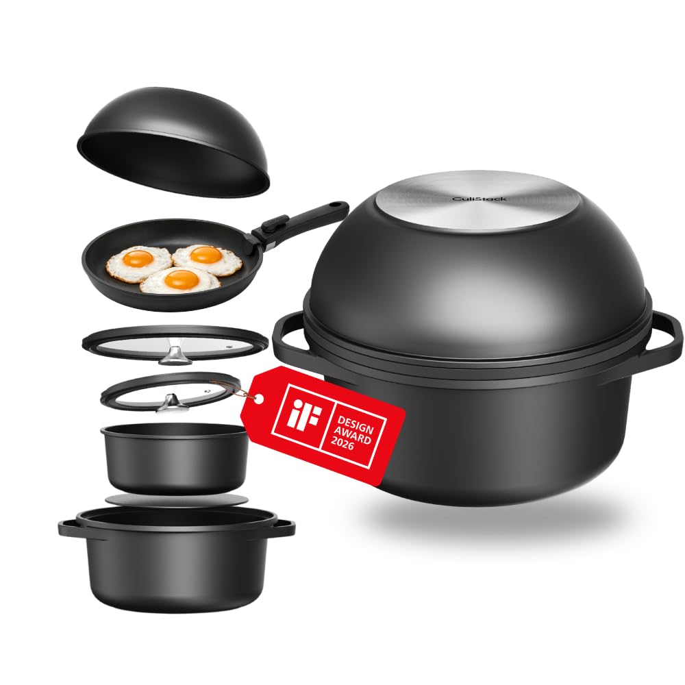 Essential Topf und Pfannenset 8-teilig Induktion, Abnehmbarer Griff, Stapelbar, Platzsparend, Backof
