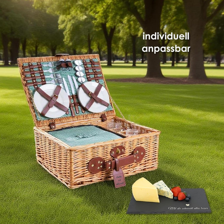 eGenuss Handgefertigtes Picknickkorb für 4 Personen mit Kühlfach - Inklusive Edelstahlbesteck, Kühlf