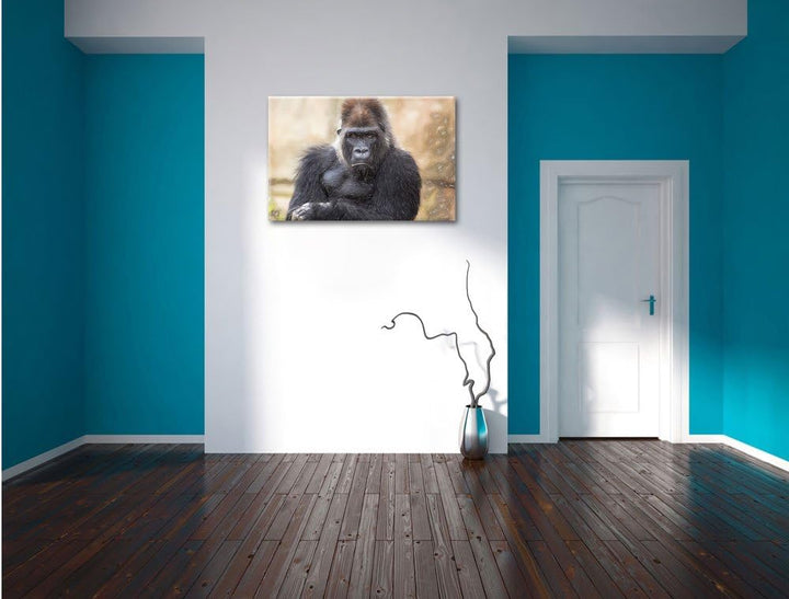 Pixxprint gelangweilter Gorilla als Leinwandbild/Grösse: 100x70 / Wandbild/Kunstdruck/fertig bespann