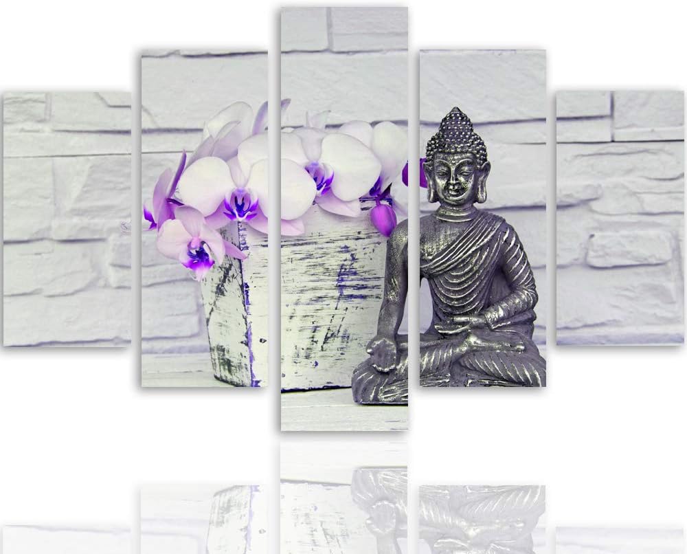 Feeby Wandbild XXL 5 Teilig Buddha Leinwandbild Blumen Statue Meditation violett 300x140 cm Leinwand