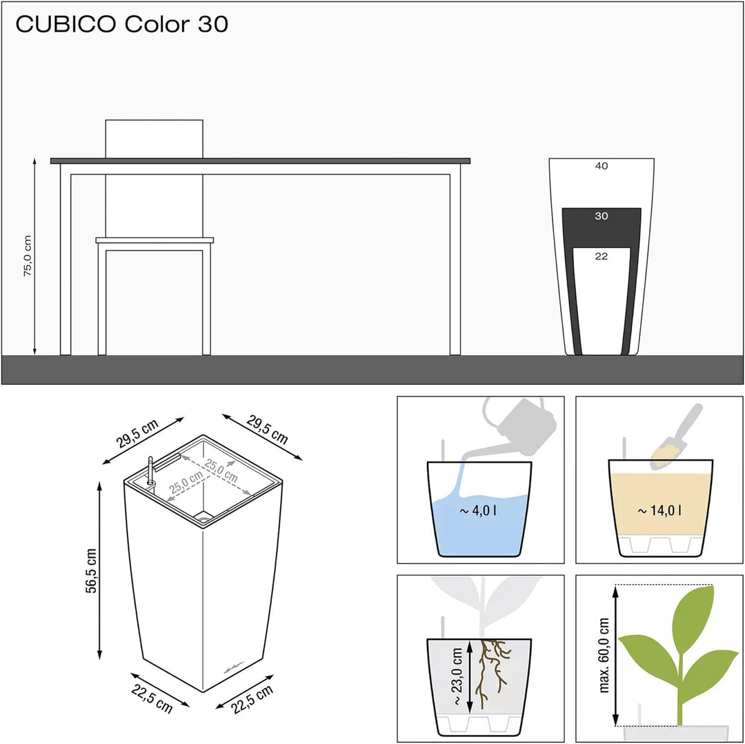 LECHUZA CUBICO Color CAMBIO 30, Inkl. Bewässerungssystem, Herausnehmbarer Pflanzeinsatz, Für Innen-