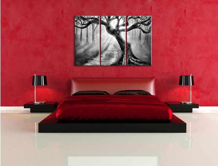 Pixxprint Baum am Waldweg als Leinwandbild/Grösse: 3 Teilig (120x80) cm/Wandbild/Kunstdruck/fertig b