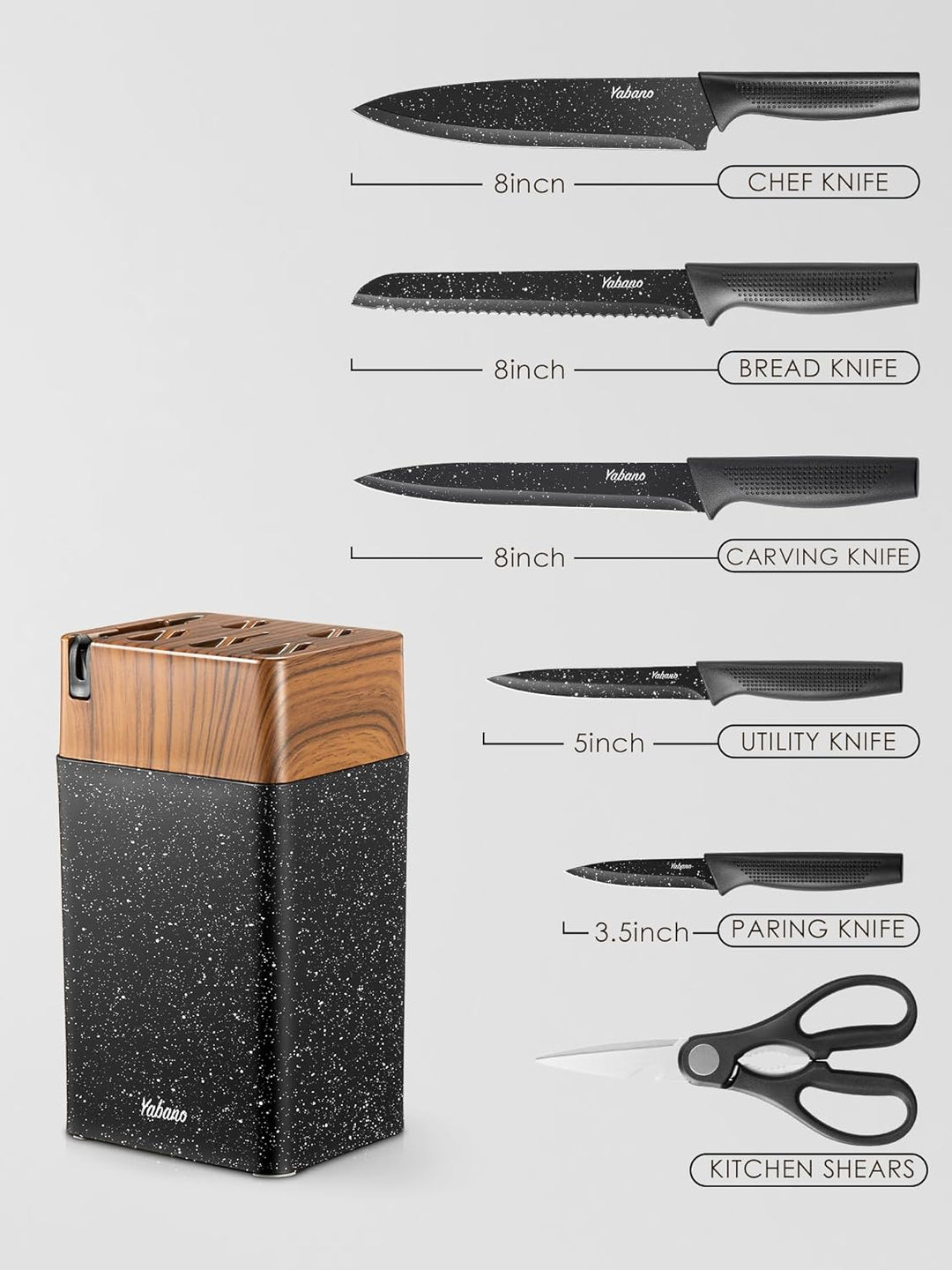 Yabano Messerblock Set, 7 teilig Messerset mit Messerblock und integriertem Messerschärfer,Küchenmes