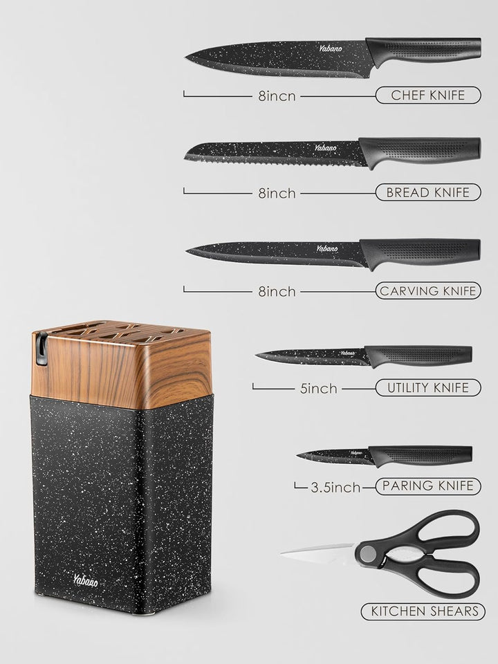 Yabano Messerblock Set, 7 teilig Messerset mit Messerblock und integriertem Messerschärfer,Küchenmes