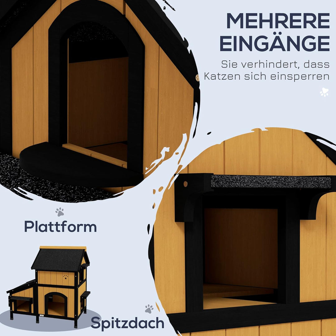 PawHut Katzenhaus, Tannenholz, Katzenhütte mit mehreren Eingängen, 2 Etagen, Katzenhöhle für drausse