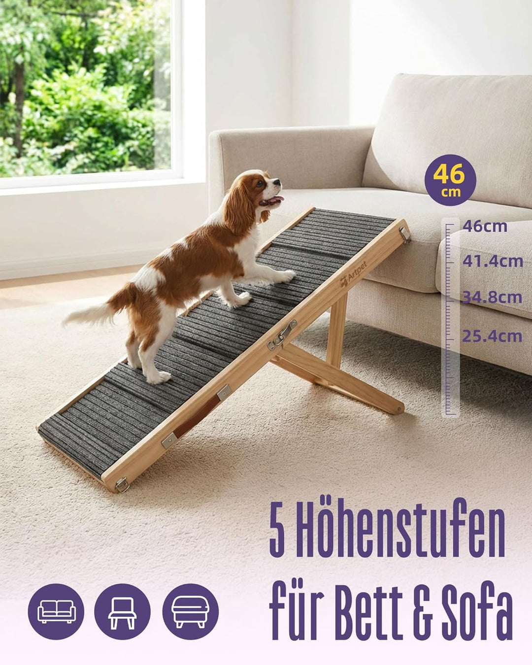 Artpet Hunderampe für Sofa Bett Klappbar Rampe Klappbar für kleine Hunde Katzen Einstellbar 34-53 cm