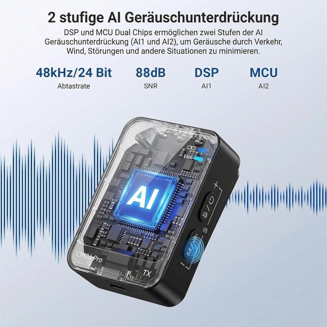 NEEWER CM26 Pro AI Drahtloses Mikrofon kompatibel mit iPhone Android Kameras PCs, Ansteckmikrofon DS