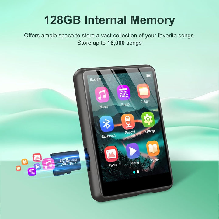 128GB MP3 Player Bluetooth 5.3, ZAQE 2.4" Full Touchscreen Tragbarer Sport MP3 Player,Eingebaute Hig