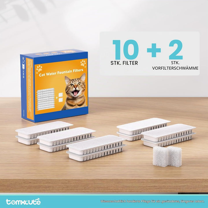 Tomxcute Katzenbrunnen Filter Set, 10 Filter + 2 Schwämme für 108oz/3.2L, 10 Filter + 2 Schw&amp;