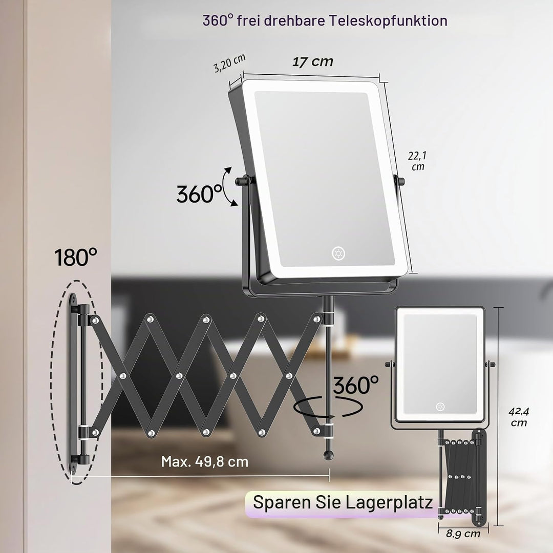 Famihomii 5000mAh Wiederaufladbar Kosmetikspiegel mit LED Beleuchtetung, 8,7 Zoll beidseitig 1X/30X