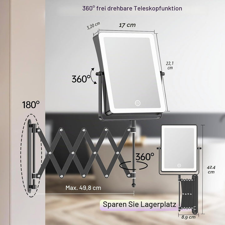 Famihomii 5000mAh Wiederaufladbar Kosmetikspiegel mit LED Beleuchtetung, 8,7 Zoll beidseitig 1X/30X