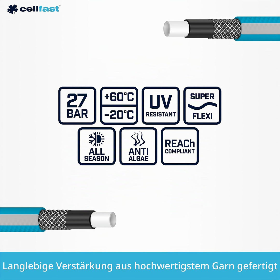 Cellfast Gartenschlauch IDEAL, Strapazierfähig, Flexibel, 4-lagig, Haltbare Kreuzgeflecht, UV und Al