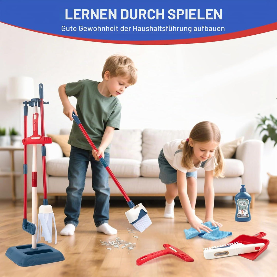 Jenilily Kinder Putzset, Besen mit langem Stiel, Kehrschaufel, Handfeger, Wischmopp Set mit Ständer