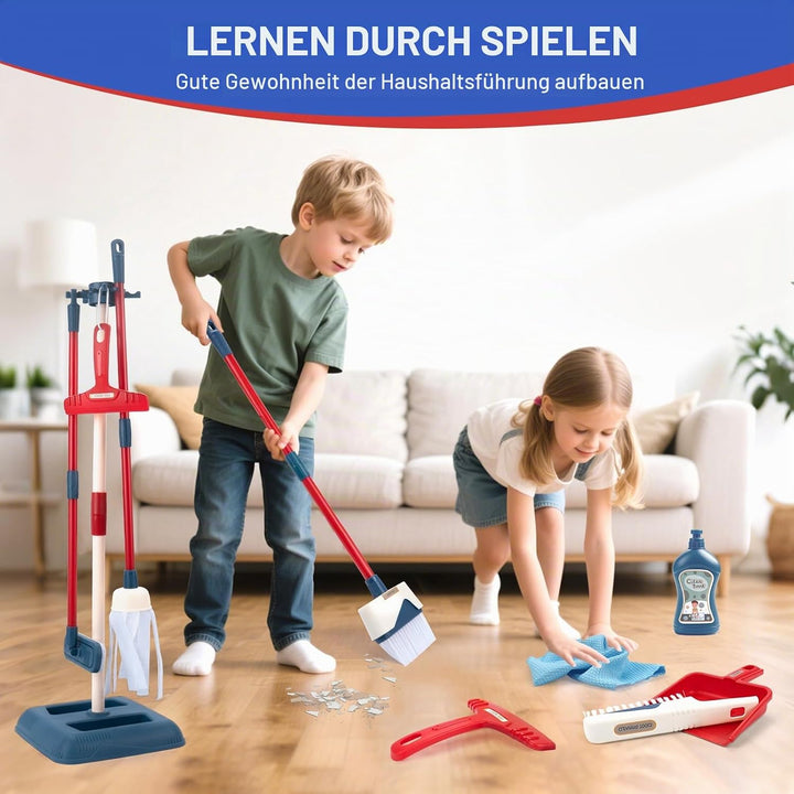 Jenilily Kinder Putzset, Besen mit langem Stiel, Kehrschaufel, Handfeger, Wischmopp Set mit Ständer