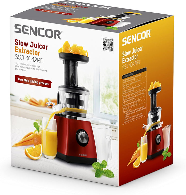 SENCOR SSJ 4042RD Langsam Drehender Entsafter für Frucht/Gemüsesaft (400 Watt, Slow Juicer, Schnecke