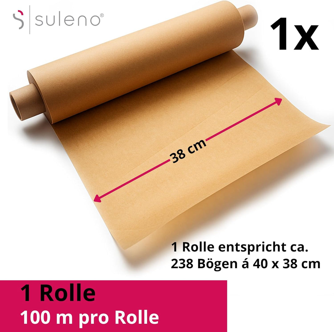 SULENO Backpapier Rolle, 38 cm x 100 m, 100 m - 1 Rolle | Antihaftbeschichtet, Hitzebeständig bis 22