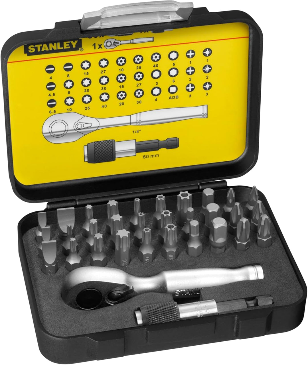 Stanley 1-13-904 Bit-Satz mit Mini-Umschaltknarre (1/4 Zoll, 32-teilig, inkl. magnetischem Bithalter