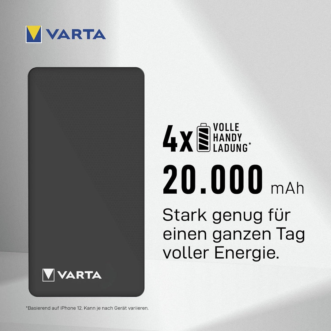 VARTA Power Bank 20000mAh, Powerbank Power on Demand mit 4 Anschlüssen (1x Micro USB, 2x USB A, 1x U