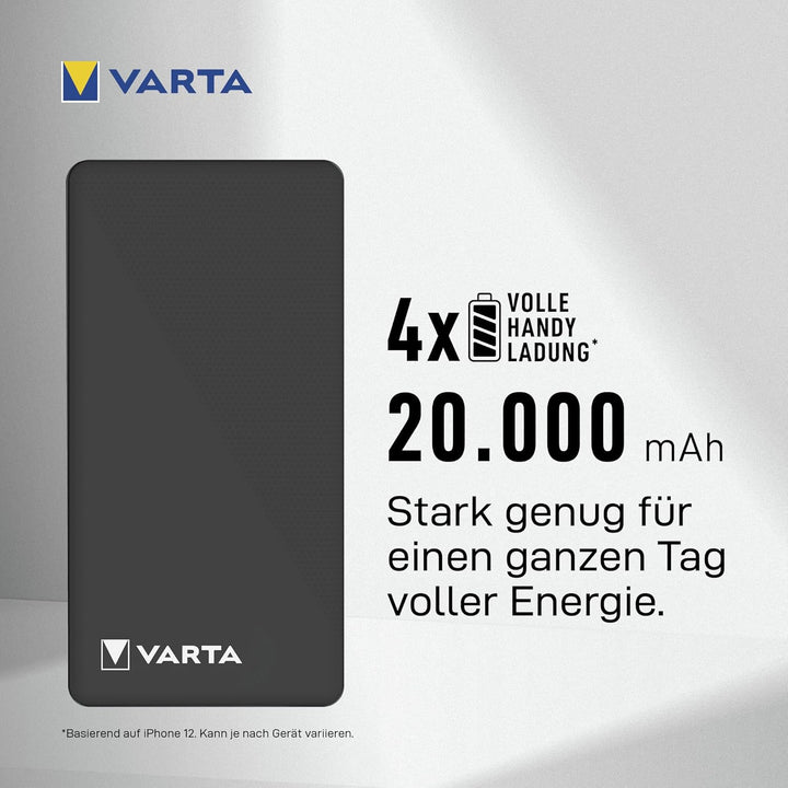 VARTA Power Bank 20000mAh, Powerbank Power on Demand mit 4 Anschlüssen (1x Micro USB, 2x USB A, 1x U