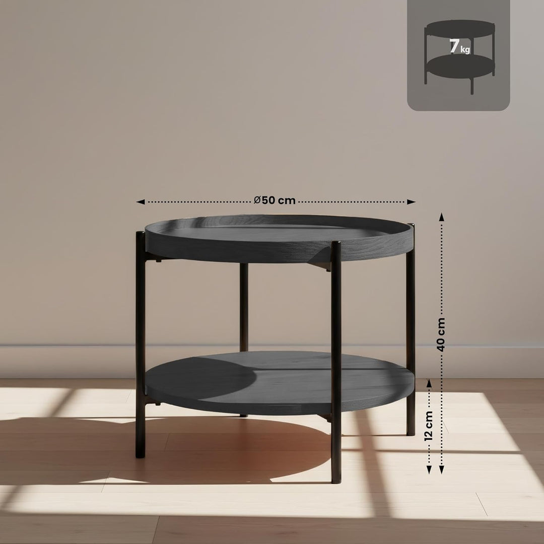 CLP Couchtisch rund Holz Corbitan, Sofatisch 2 Ebenen mit Stauraum, Beistelltisch klein Metallgestel