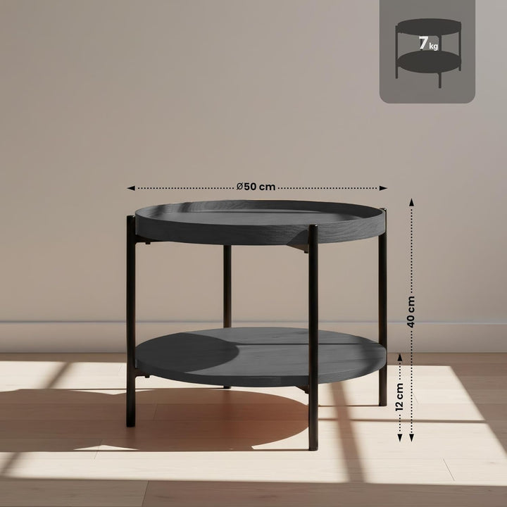 CLP Couchtisch rund Holz Corbitan, Sofatisch 2 Ebenen mit Stauraum, Beistelltisch klein Metallgestel
