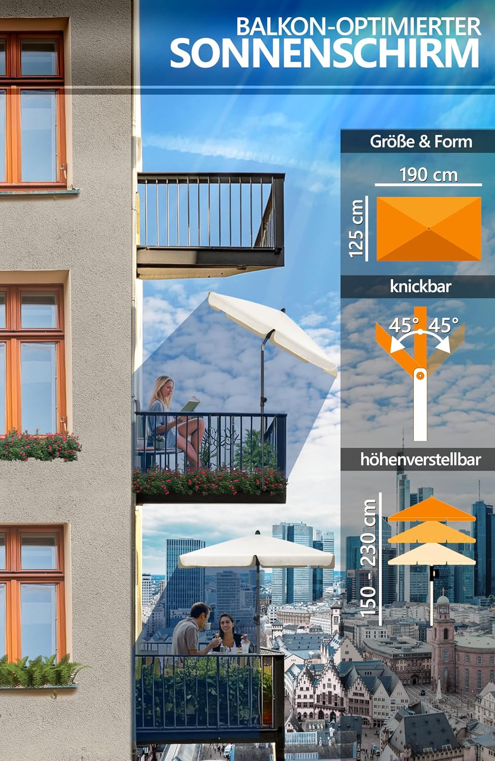 4smile Sonnenschirm Balkon mit Kurbel, mit Schutzhülle, Sonnenschirm rechteckig 200x125 cm, Sonnensc