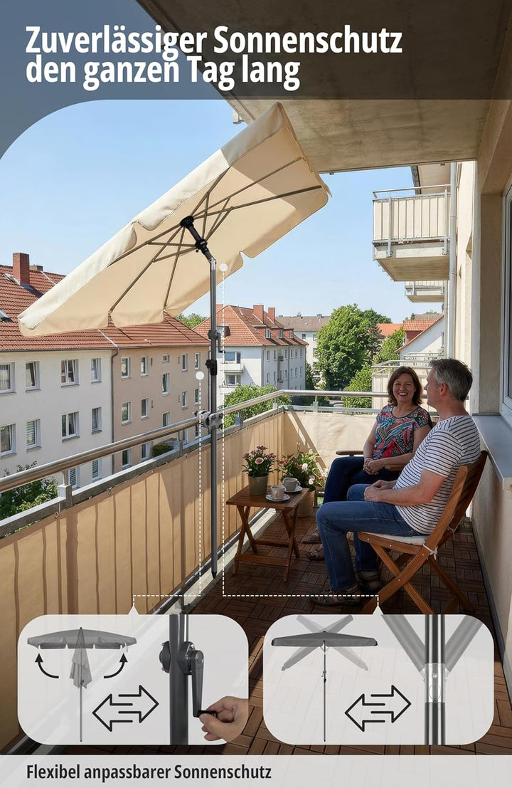4smile Sonnenschirm Balkon mit Kurbel, Sonnenschirm rechteckig 210x140 cm, Sonnenschutz Balkon mit U