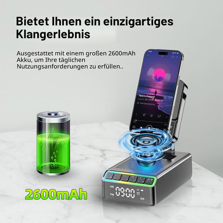 Bluetooth Lautsprecher mit Handyhalterung, 9-in-1 Musikbox Bluetooth 6.0 (Querformat/Hochformat) Ind