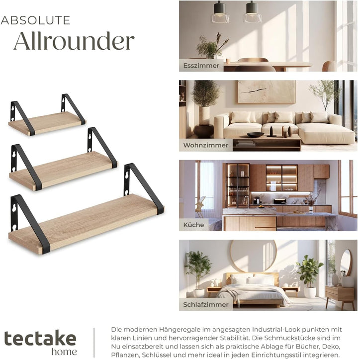 tectake® Industrial Wandregal Holz, 3X Regal Wand Set, Schweberegal, Regale 30/35/40 cm, Hängeregal,