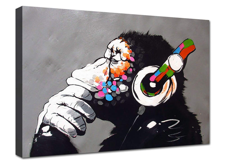 canvashop Moderne Bilder für Wohnzimmer, 50 x 35 cm, Banksy Monkey DJ, Bild auf Leinwand, Bansky Str
