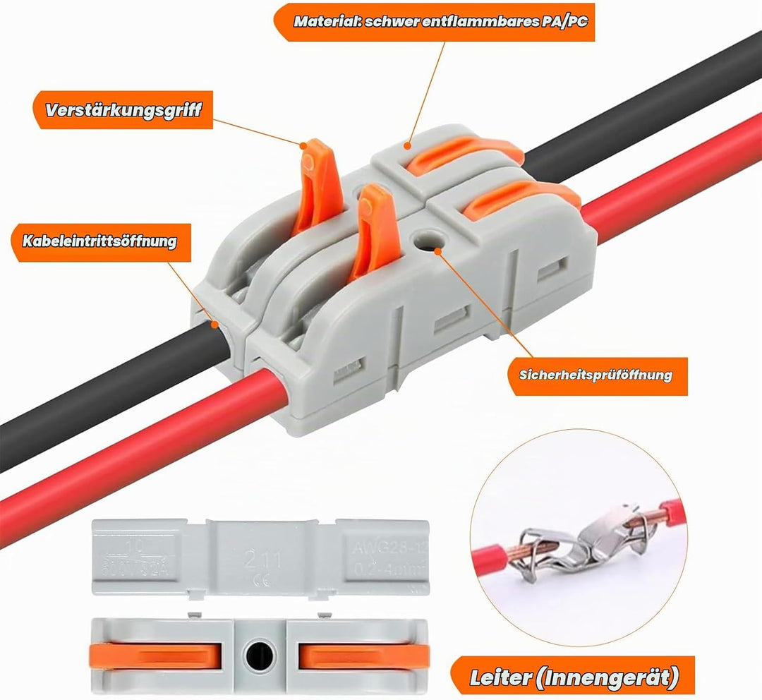 Kabelverbinder, 100 Stück Durchgangsverbinder, SPL-1 Kabelklemmen Elektro, 4mm² Leiter Klemme mit He