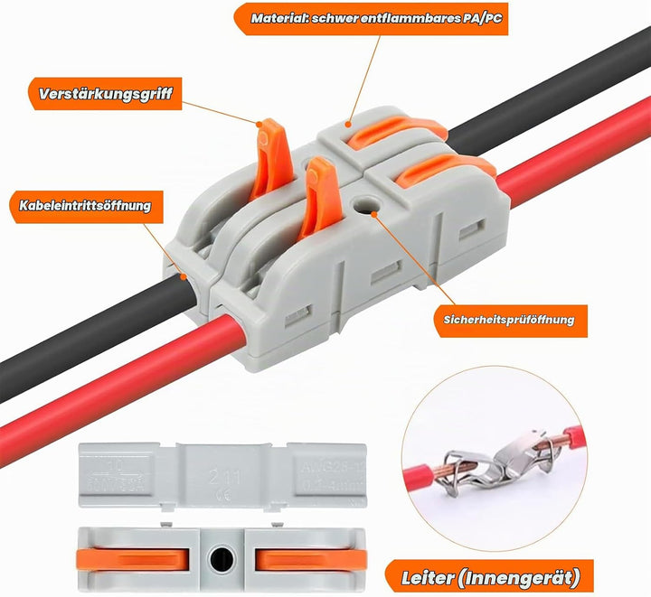 Kabelverbinder, 100 Stück Durchgangsverbinder, SPL-1 Kabelklemmen Elektro, 4mm² Leiter Klemme mit He