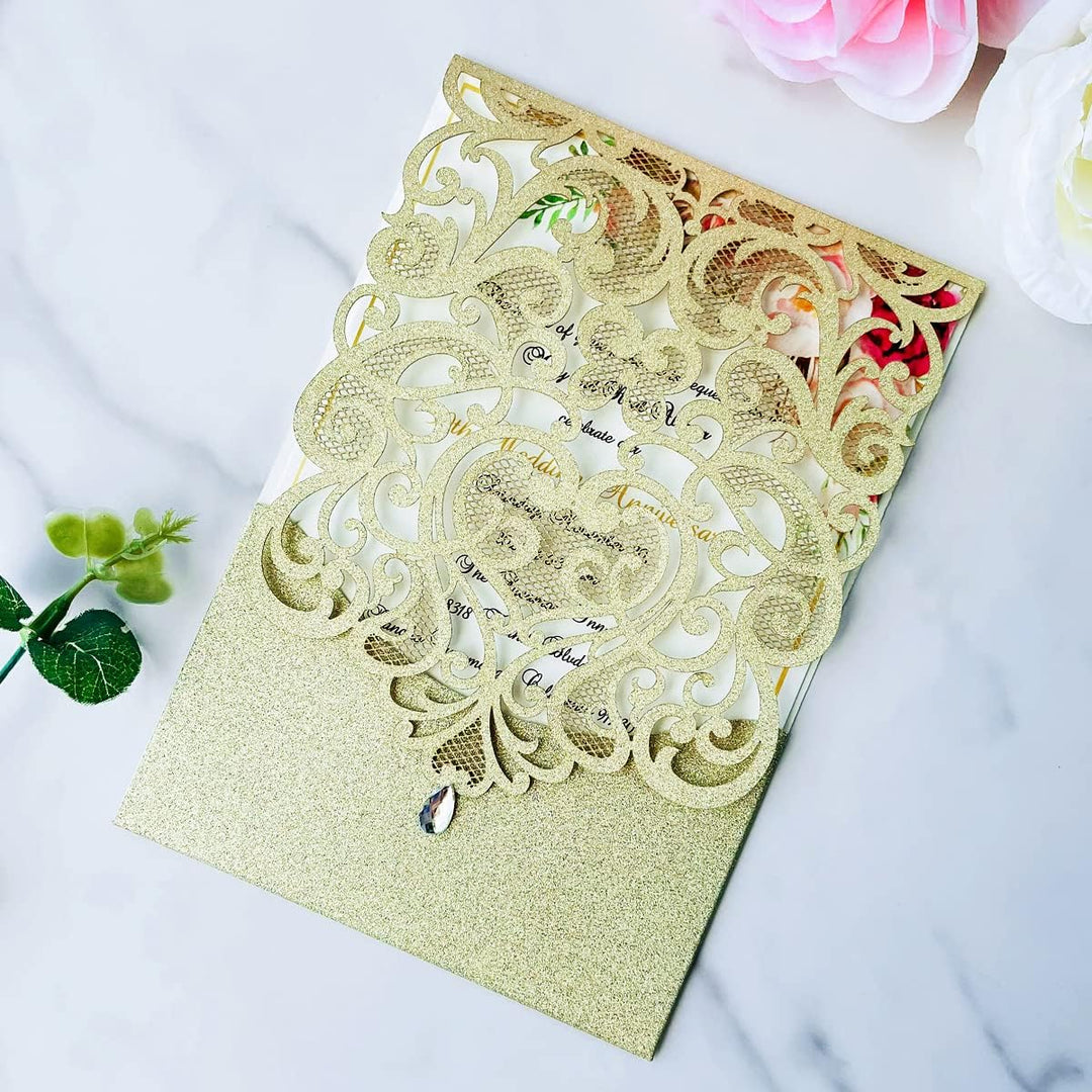 Hosmsua Blnak Hochzeitseinladungskarten mit Strass und Umschlägen, lasergeschnitten, Champagner-Gold
