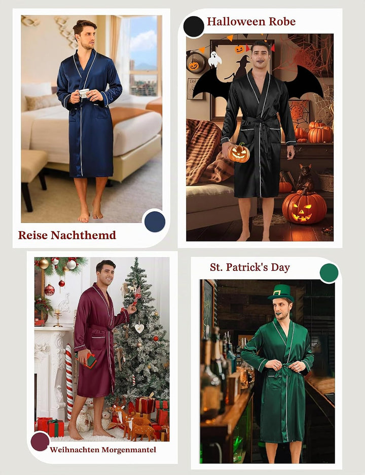 Bresdk Morgenmantel Herren Satin Kimono Robe Lang Leichter Bademantel für Männer M Schwarz M885, M S