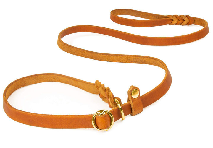 CopcoPet Retrieverleine mit Zugstopp für kleine Hunde – 1,20m x 10mm Moxonleine in Cognac – Fettlede