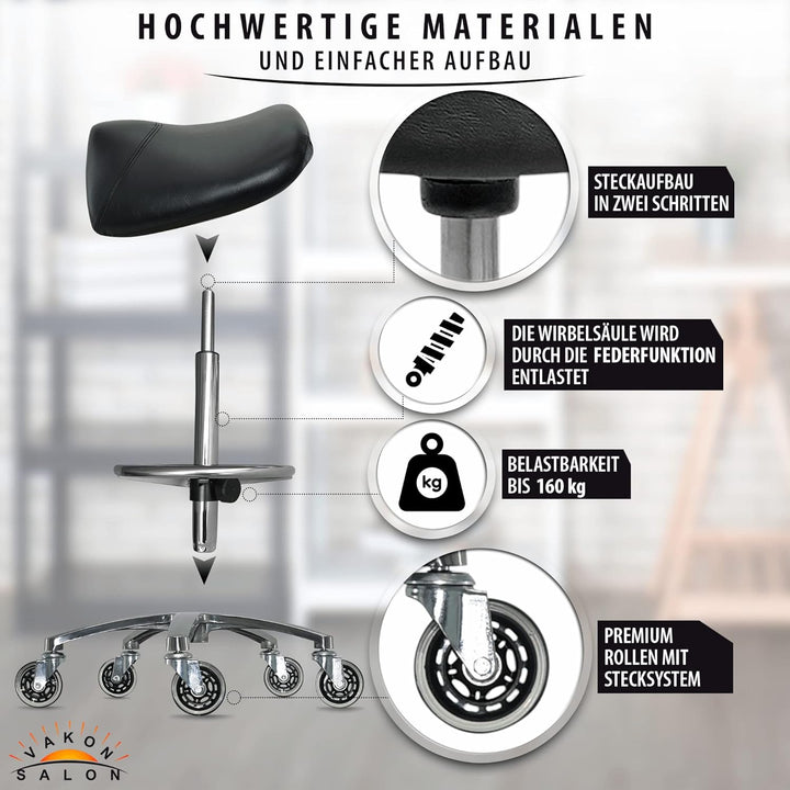 Premium Sattelhocker, Sattelstuhl für Rückenentlastung, Rollhocker höhenverstellbar von 55-75 cm mit