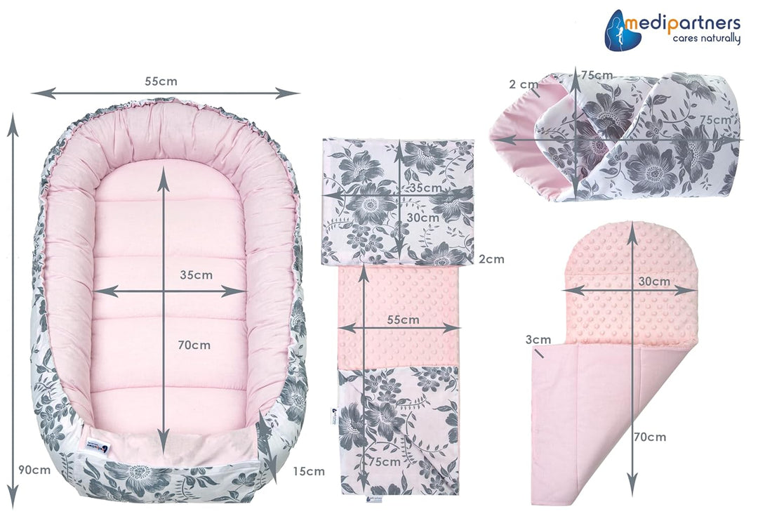 Medi Partners Babynest Nestchen Baby Set für Neugeborene - 100x60x15 Kuschelnest 5 teilig tragbar Ne