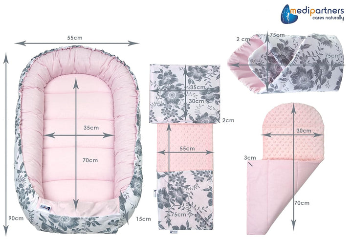 Medi Partners Babynest Nestchen Baby Set für Neugeborene - 100x60x15 Kuschelnest 5 teilig tragbar Ne