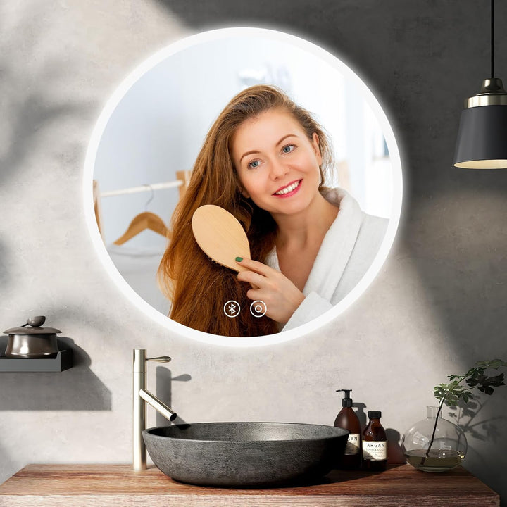 YOLEO Badspiegel mit Beleuchtung rund 50cm, Badezimmerspiegel LED Spiegel Wandspiegel mit Touchschal