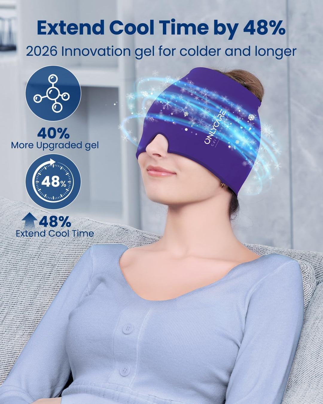 ONLYCARE Migräne Maske, Upgraded Kühlmaske Schlafmaske Kühlmütze Kühlhaube 360° Gel Surround kühlpad