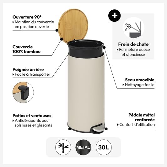 5five – Moderner Treteimer in Beige – 30 l – Bambusdeckel, herausnehmbarer Eimer – Für Zuhause, Wasc