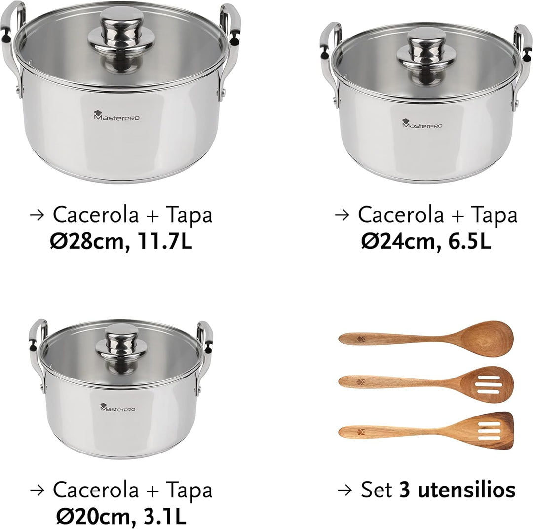 MasterPro Smart | Kochgeschirr 6-teilig, 3 Pfannen von 20, 24 und 28 cm und 3 Holzutensilien | Edels