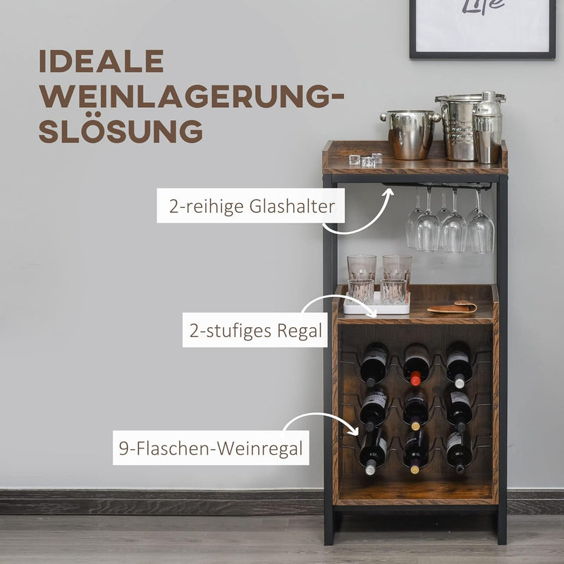 HOMCOM Weinregal 9 Flaschen-Weinschrank Flaschenregal mit 2 offenen Regalen und Glashalter Schwarz+B